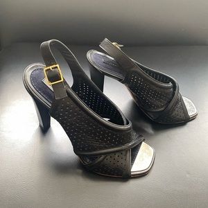 Old Celine Phoebe 2015 criss-cross perforated leather open toe pumps 38.5
